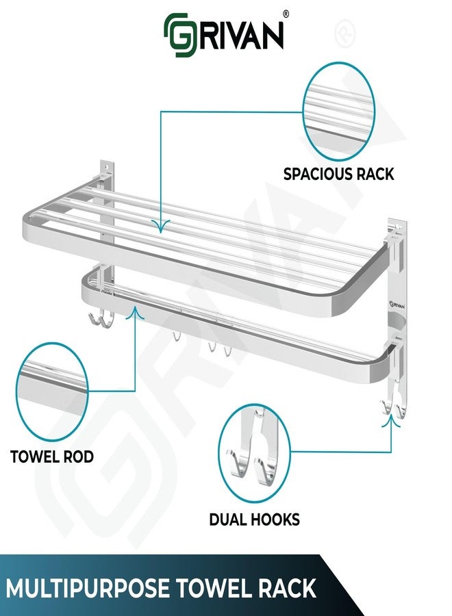 GRIVAN Stainless Steel 24 Inch Folding Towel Rack with Multiple Hooks | Bathroom Shelf, Hanger, Stand & Wall Mount Accessories (Silver Chrome Finish) - Image 3